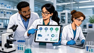 Research operations team reviewing laboratory workflow and procurement data
