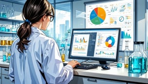 Scientist at bench on computer in procurement session