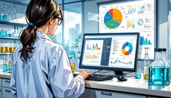 Scientist at bench on computer in procurement session