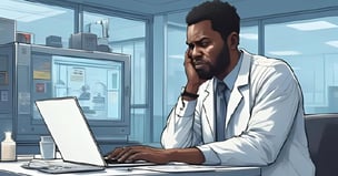 Scientist working on laptop computer, looking frustrated