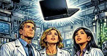Trio of scientists looking up at a floating laptop