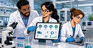 Research operations team reviewing laboratory workflow and procurement data