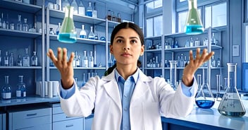 Scientist juggling lab supplies