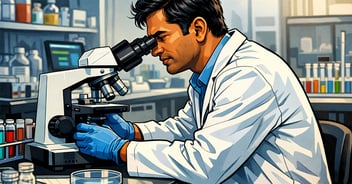 scientist at bench looking into microscope