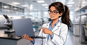 scientist in a lab and pointing at her laptop computer