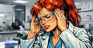 scientist in lab holding her head from procurement challenges