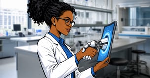 scientist procuring on a computer tablet with the help of AI