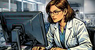 scientist working on desktop computer looking intently at screen