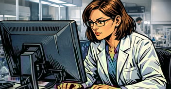 scientist working on desktop computer looking intently at screen