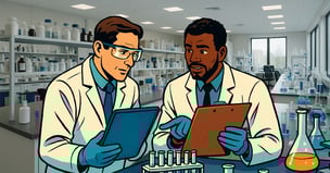 two scientists comparing notes for procurement