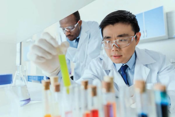 Photo of scientists at bench with test tubes