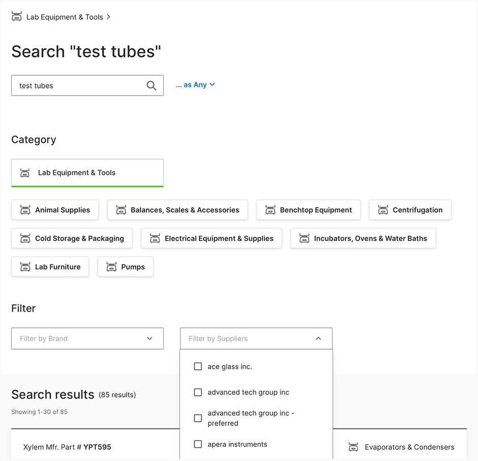 Screenshot of catalog search