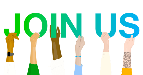 Illustrtion of 6 hands holding up letters spelling out 'join us'