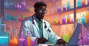 black male scientist in white lab coat ordering supplies on laptop computer in a lab