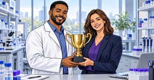 Cartoon scientist and procurement professional holding a trophy in a laboratory, celebrating ZAGENO’s 2026 Frost & Sullivan recognition.