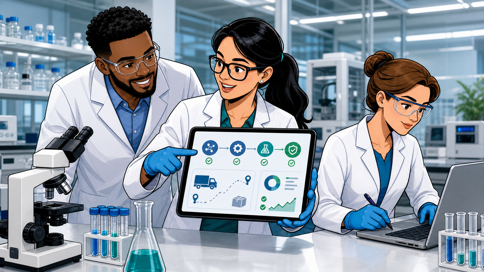 Research operations team reviewing laboratory workflow and procurement data
