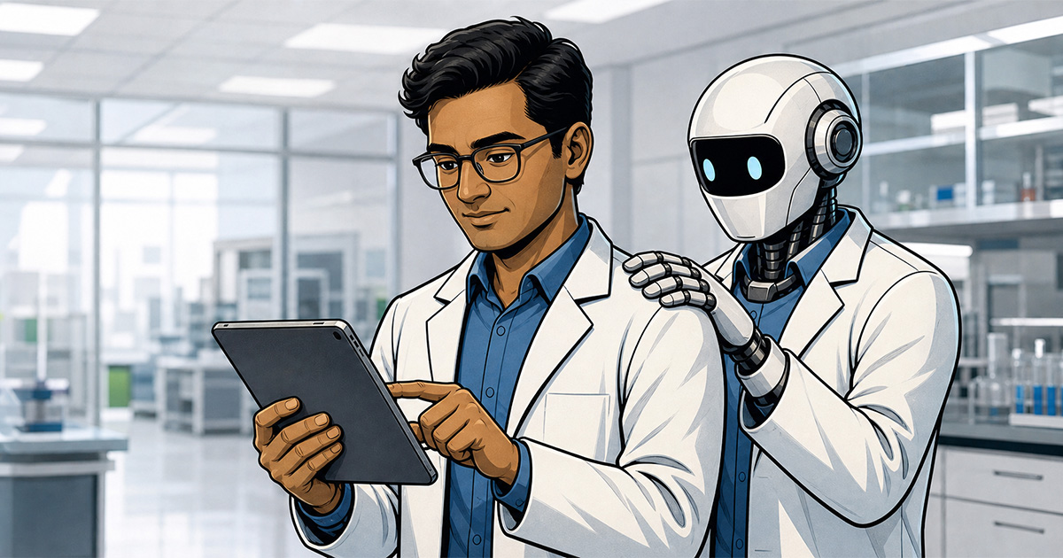 Agentic AI bot helping a scientist with ordering supplies on a computer tablet