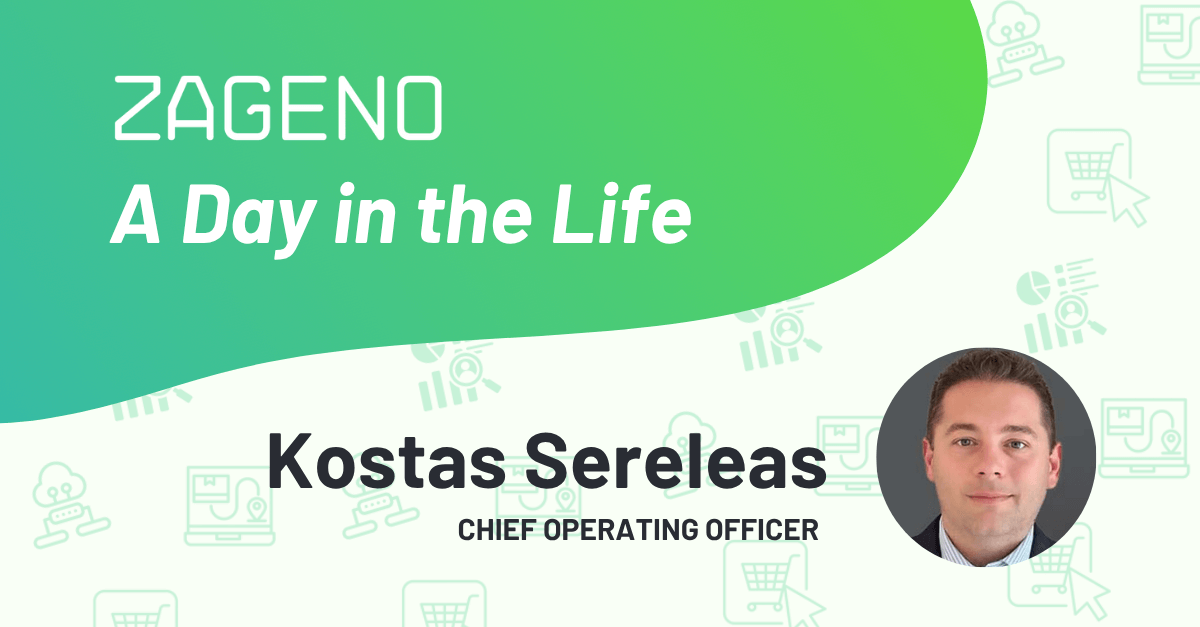 Graphic with text: A Day in the Life, Kostas Sereleas