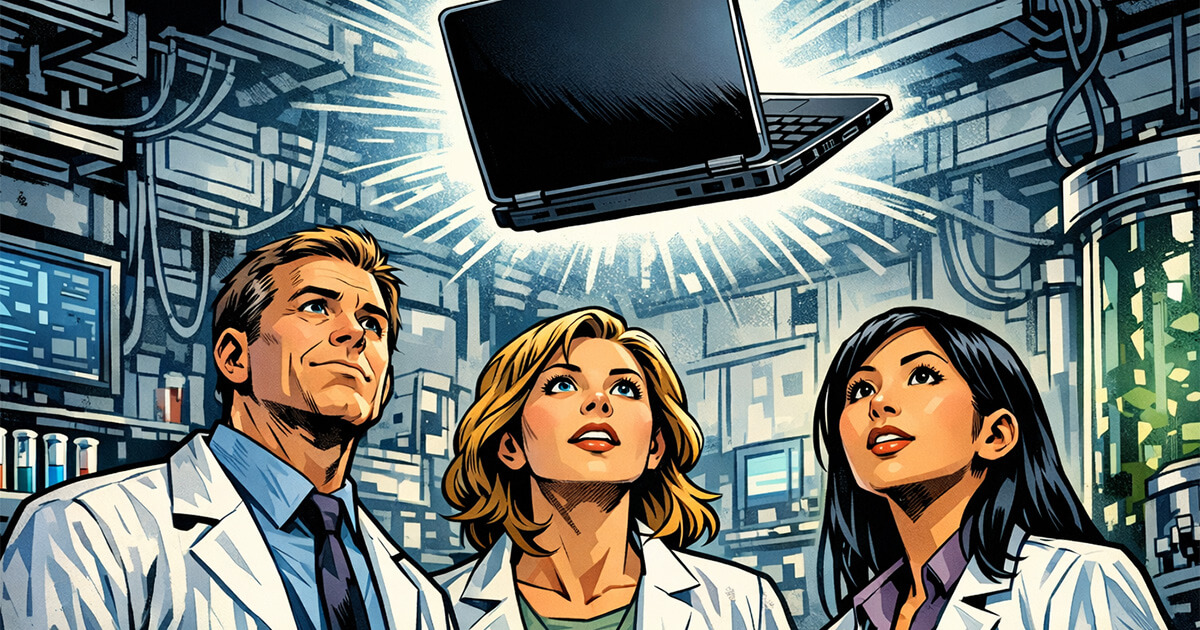 Trio of scientists looking up at a floating laptop