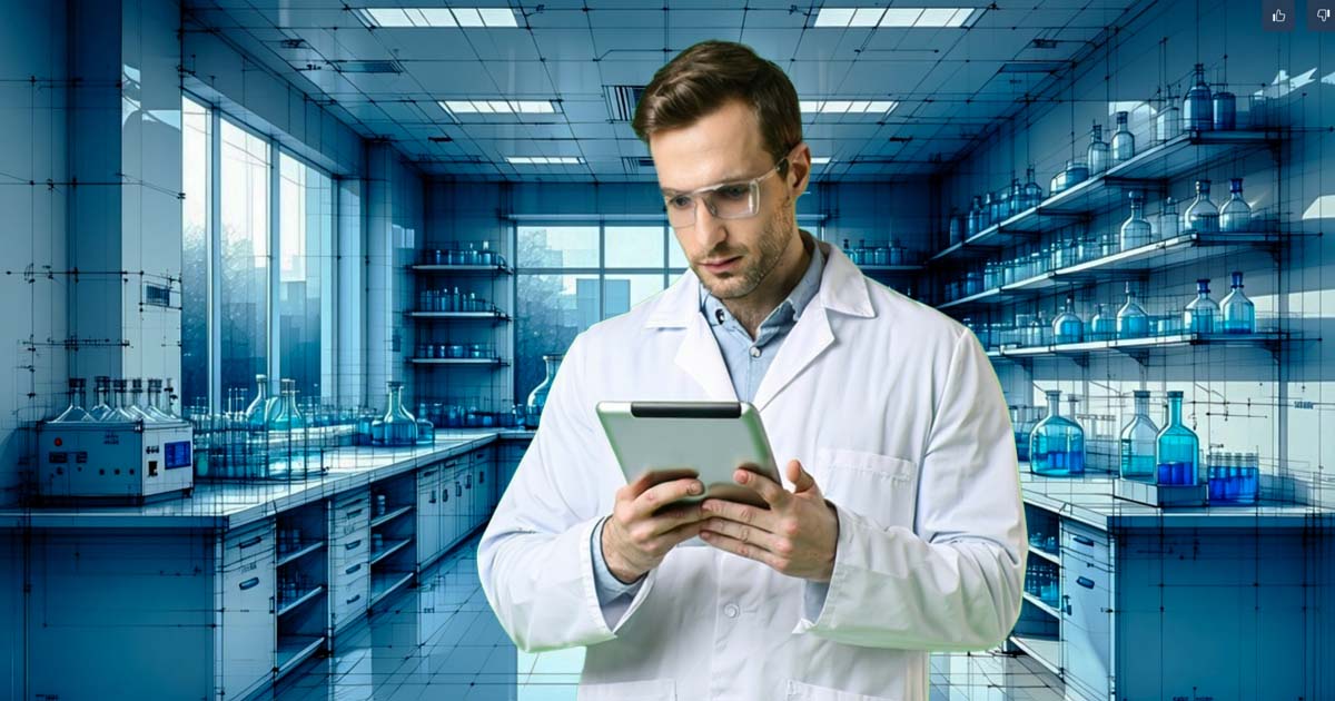 Scientist reviewing procurement business case on tablet computer