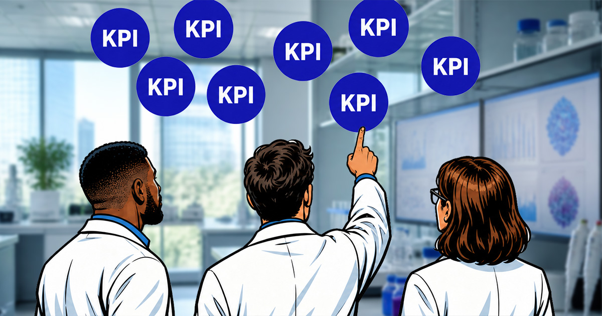 Pharmaceutical R&D procurement KPI scorecard showing speed, supplier, process, and spend measures