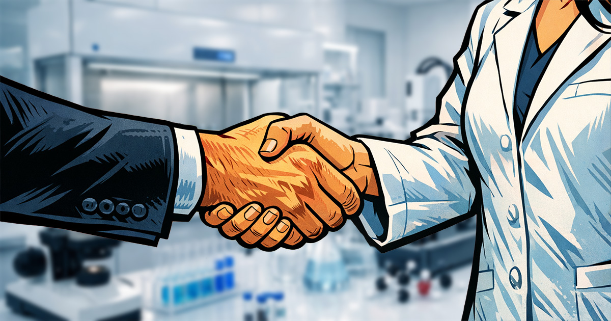 scientist and businessman shaking hands