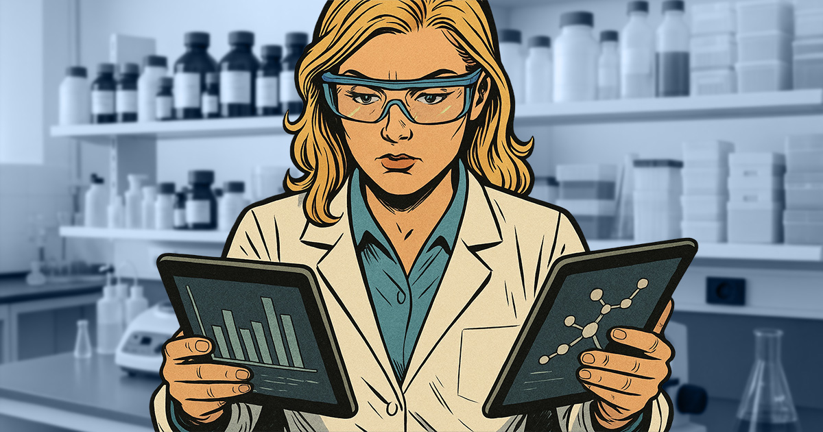 Scientist in lab looking at two computer tablets, comparing platforms