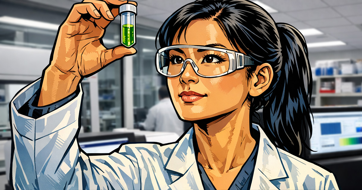 scientist examining vial