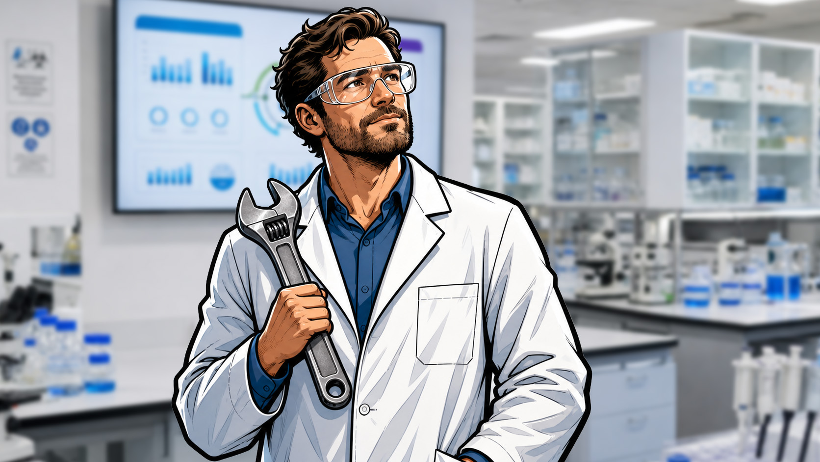 Illustration of a scientist holding a spanner and looking into the distance