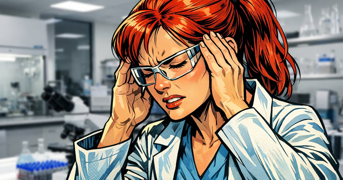 scientist in lab holding her head from procurement challenges