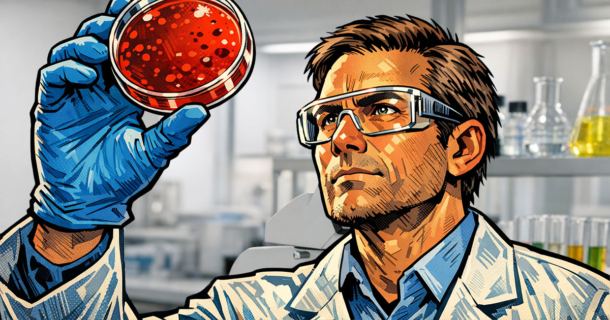 scientist in lab holding up petri dish