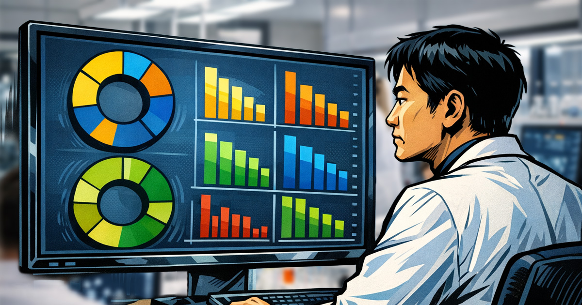 scientist reviewing procurement dashboard on computer display