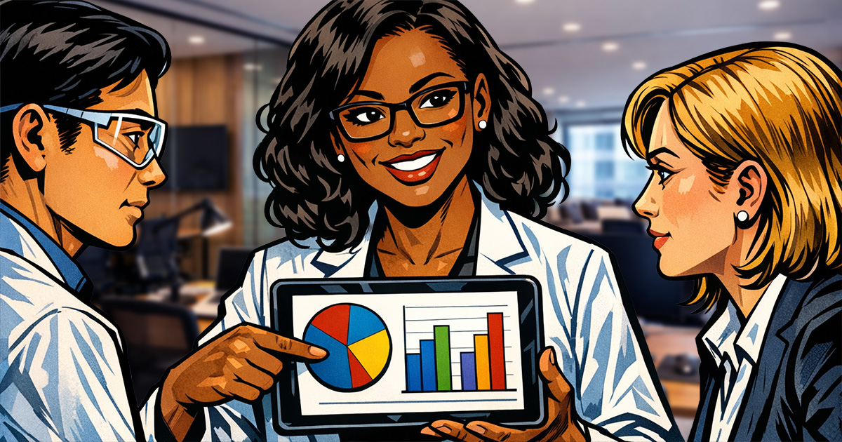 scientist showing data on a tablet to a pair of colleagues