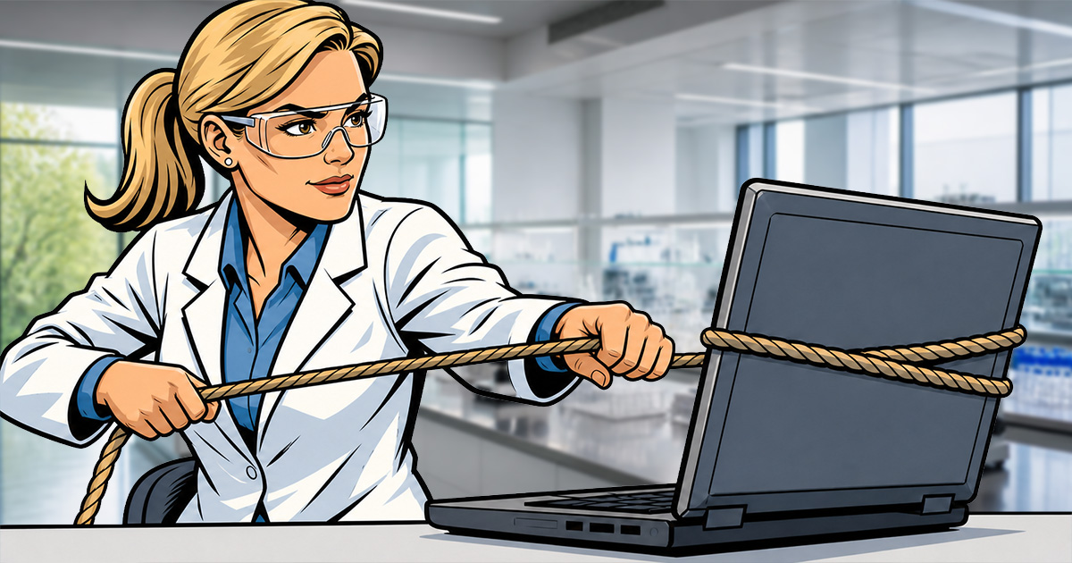 scientist wrangling spend on her laptop
