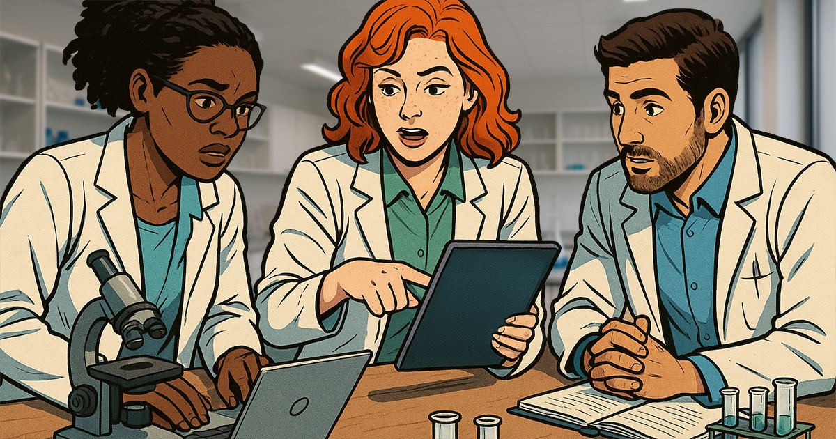 team of scientists strategizing to buy lab supplies