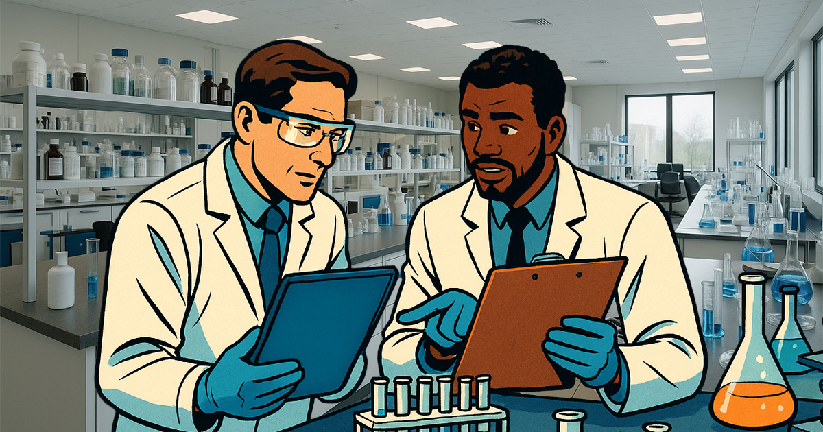 two scientists comparing notes for procurement