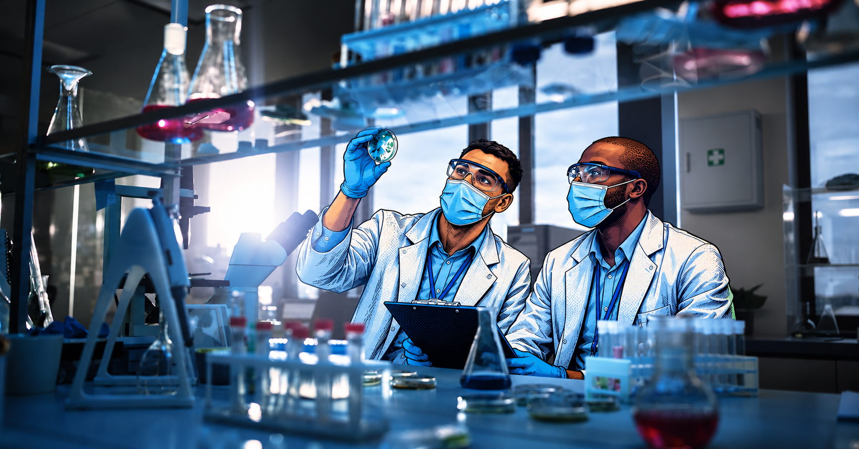 Two researchers examining a petri dish while focusing on lab supply purchasing