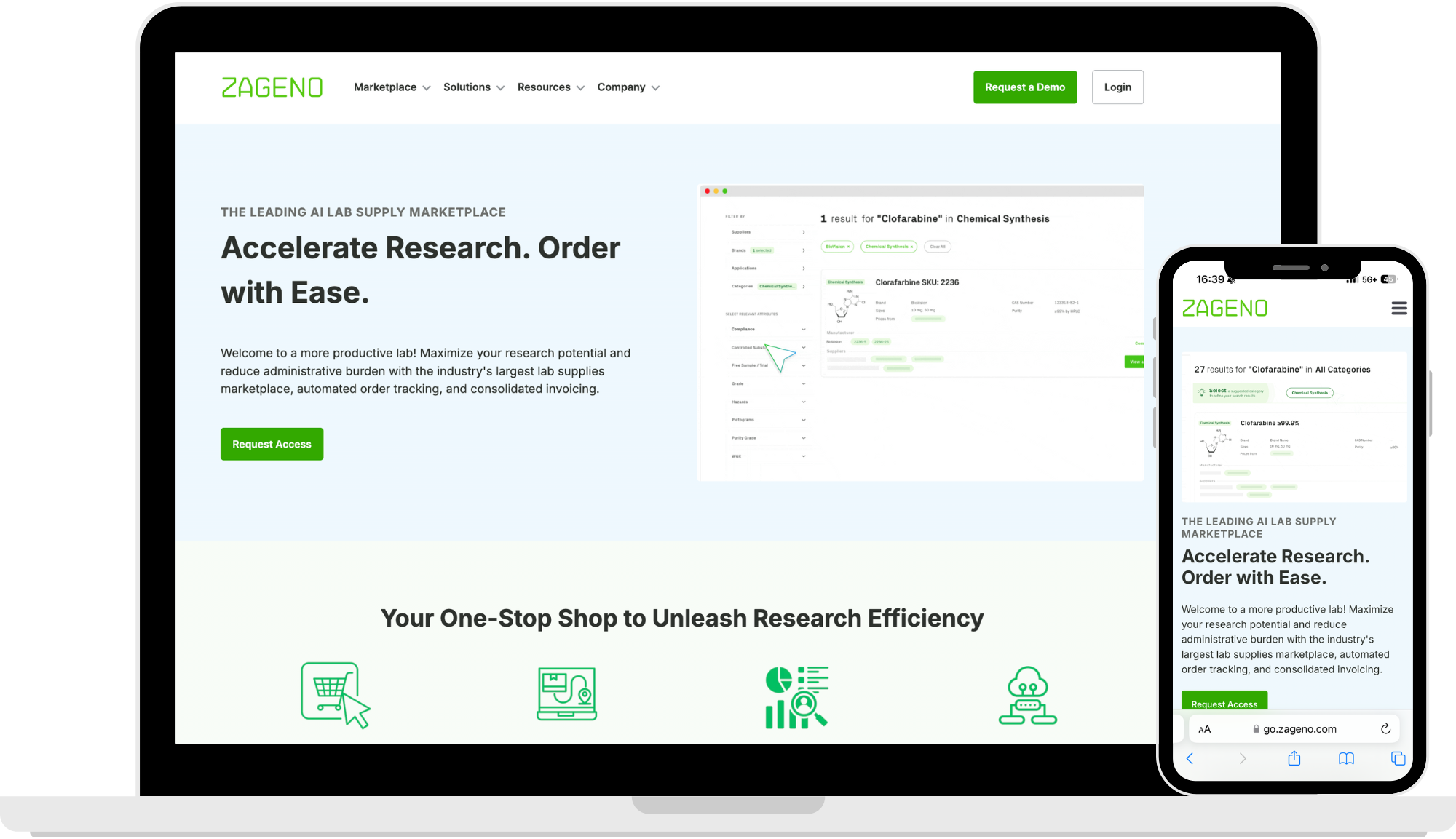 ZAGENO platform shown on desktop and mobile