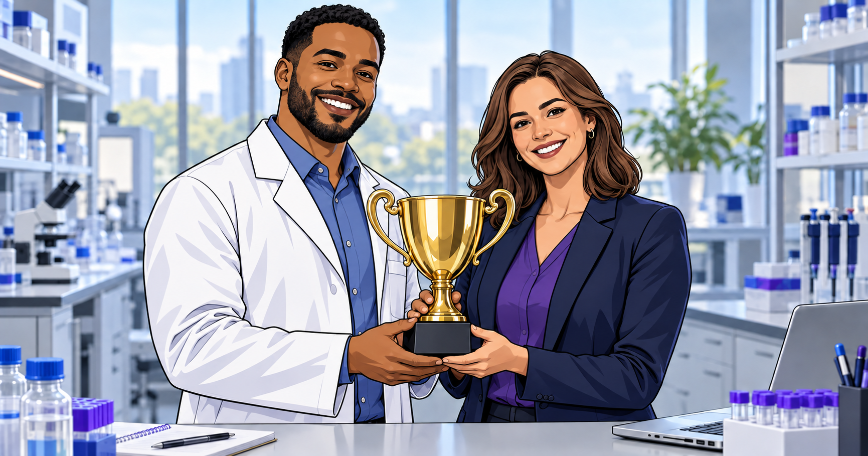 Cartoon scientist and procurement professional holding a trophy in a laboratory, celebrating ZAGENO’s 2026 Frost & Sullivan recognition.